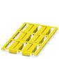 Palette en plastique jaune rectangulaire avec plusieurs fentes, photographiée en légère oblique.