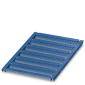 Grille de barbecue bleue avec six barres de grille parallèles, orientées horizontalement.