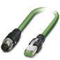 Un câble réseau vert avec une fiche M8 d'un côté et une fiche RJ45 de l'autre.