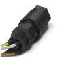 Connecteur de câble noir avec plusieurs câbles connectés en noir, jaune et blanc, disposés en diagonale de gauche à droite, du bas vers le haut.