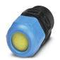Un objet cylindrique avec un boîtier bleu et noir et un capuchon jaune. Probablement un composant technique ou un connecteur.