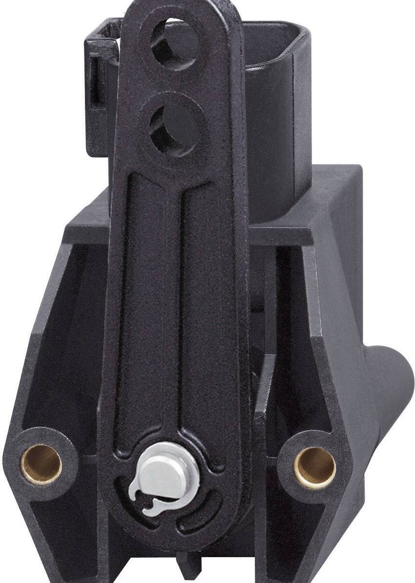 Pièce en plastique noir avec une base rectangulaire, deux connexions métalliques et un levier mobile en haut. Utilisée dans des applications mécaniques.