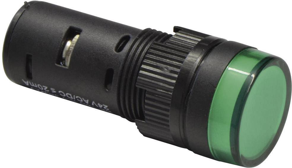 Interrupteur cylindrique noir avec tête verte, adapté aux applications 24V AC/DC.
