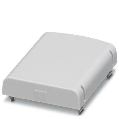 Boîte en plastique blanche, rectangulaire, plate avec des coins arrondis sur un fond gris. Adaptée pour le montage de dispositifs électroniques.