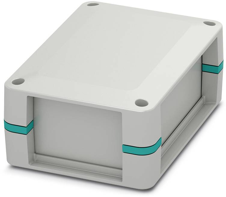 Boîtier rectangulaire gris en plastique aux coins arrondis, avec des bandes bleues sur les côtés.