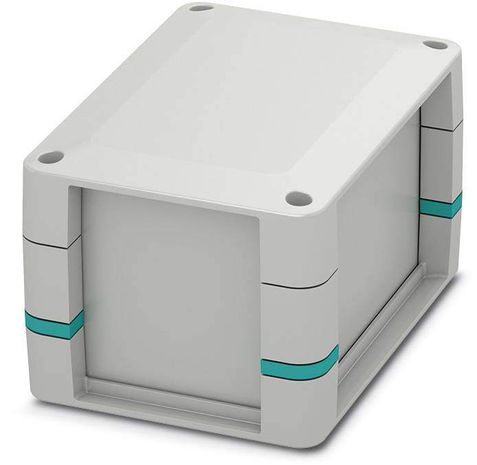 Un boîtier en plastique gris aux coins arrondis, avec des bandes turquoises ; pouvant servir de boîtier pour des composants électriques.