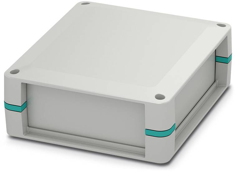 Un boîtier rectangulaire en plastique gris aux coins arrondis, comportant des bandes bleues sur les côtés, utilisé pour des composants électroniques.