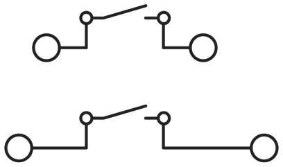 Symbole de commutation pour un contact normalement ouvert (en haut) et un contact normalement fermé (en bas) dans un circuit électrique.
