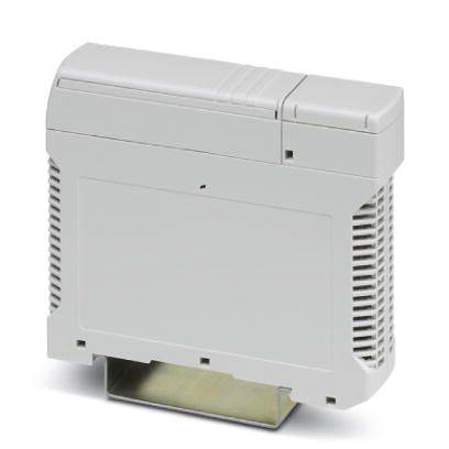 Un appareil électrique blanc avec des fentes de ventilation sur les côtés, sur un fond gris.