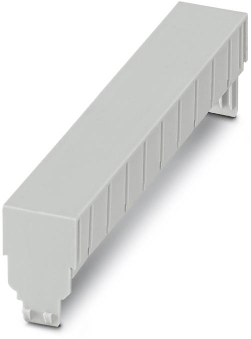 Un élément en plastique gris, rectangulaire, avec des rainures sur le côté, probablement un élément de couverture ou un connecteur dans un contexte technique.