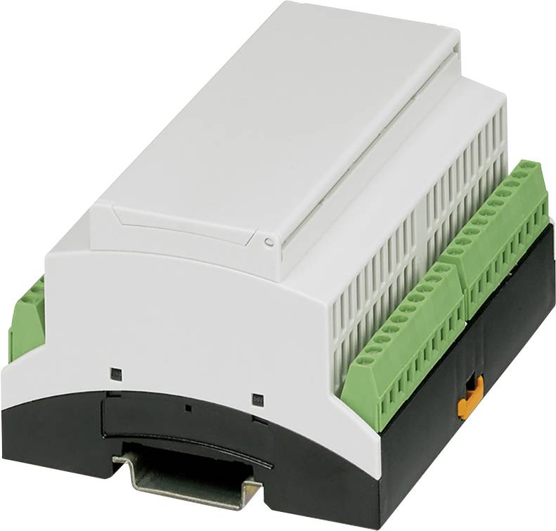 Un dispositif électrique dans un boîtier modulaire avec des bornes de connexion vertes et un socle noir, généralement utilisé pour un montage sur rail DIN.
