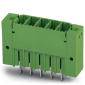 Connecteur rectangulaire vert avec plusieurs broches métalliques à la base, adapté pour les connexions d'appareils électroniques.