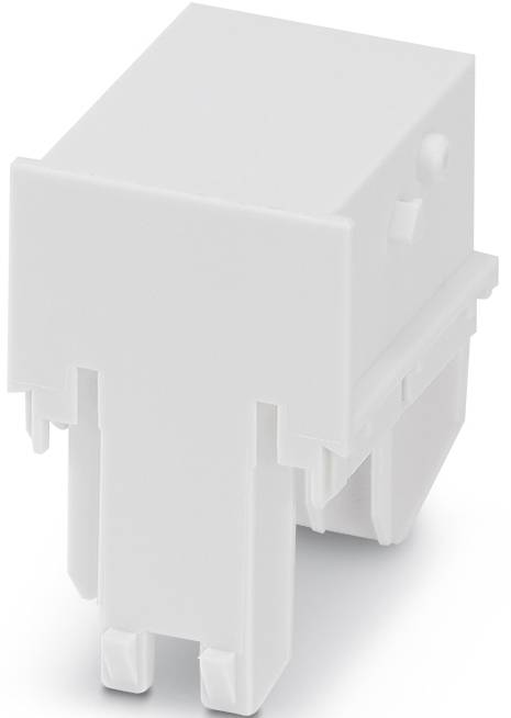 Un module enfichable blanc rectangulaire, probablement un connecteur électrique, avec plusieurs points de connexion en bas.