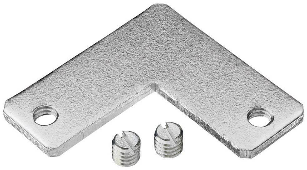 Pièce de connexion métallique en forme de L avec deux trous et vis correspondantes, utilisée pour la fixation ou la jonction de composants.