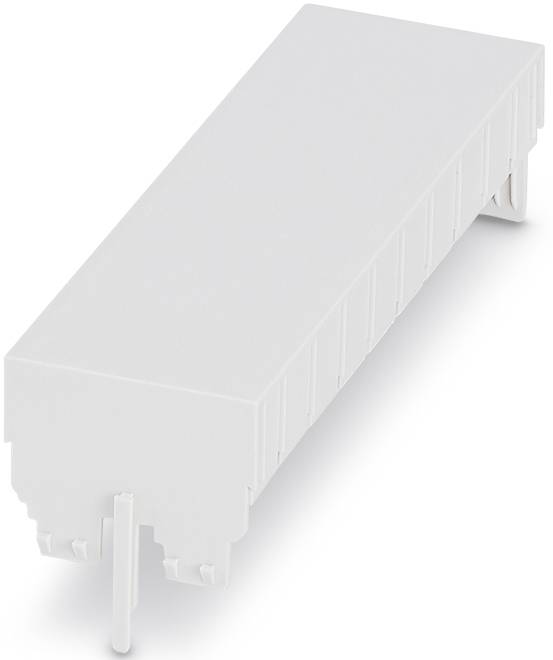 Un connecteur électrique blanc de forme rectangulaire, avec plusieurs broches sur un côté. Utilisé pour les connexions électriques.