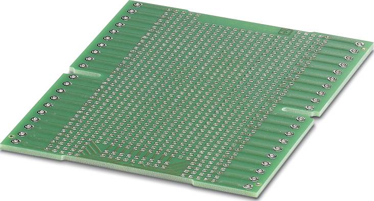 Circuit imprimé vert avec de nombreux petits contacts de soudure et plusieurs rangées de connecteurs sur les côtés, utilisé pour des circuits électroniques.