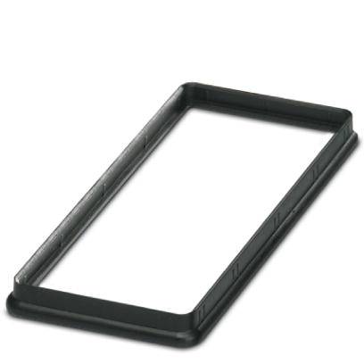 Cadre en plastique noir rectangulaire, légèrement incliné, sur fond blanc.