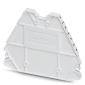 Une pièce en plastique blanche triangulaire avec une structure nervurée, probablement un élément de connexion ou un coin d'espacement.