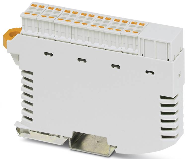 Module rail DIN en blanc et gris, avec des bornes en haut et des éléments de commande orange sur le côté gauche, pour applications industrielles.