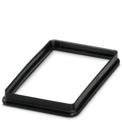 Un cadre en plastique noir rectangulaire, pouvant servir de support ou de protection, est posé sur une surface blanche.