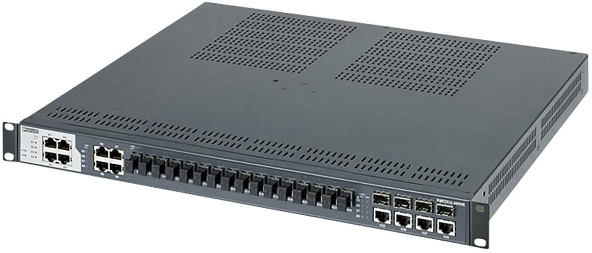 Un commutateur réseau gris avec plusieurs ports Ethernet et à fibre optique sur la façade, adapté à la gestion de réseau.