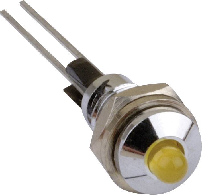 Interrupteur métallique cylindrique avec bouton jaune et deux broches saillantes, photographié sur un fond blanc.