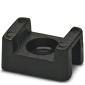 Support de câble noir en plastique de forme rectangulaire avec un trou au centre, utilisé pour fixer des câbles sur des surfaces.