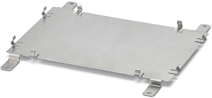 Une plaque métallique rectangulaire avec plusieurs languettes recourbées vers le haut. Elle sert probablement à des fins de fixation.