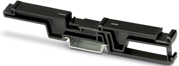 Clip en plastique noir avec des découpes rectangulaires, une plaque métallique latérale et une surface lisse.