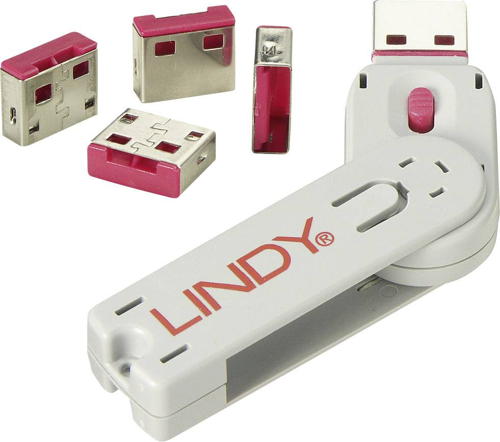 Clé USB de la marque 'LINDY', représentée sous différents angles.