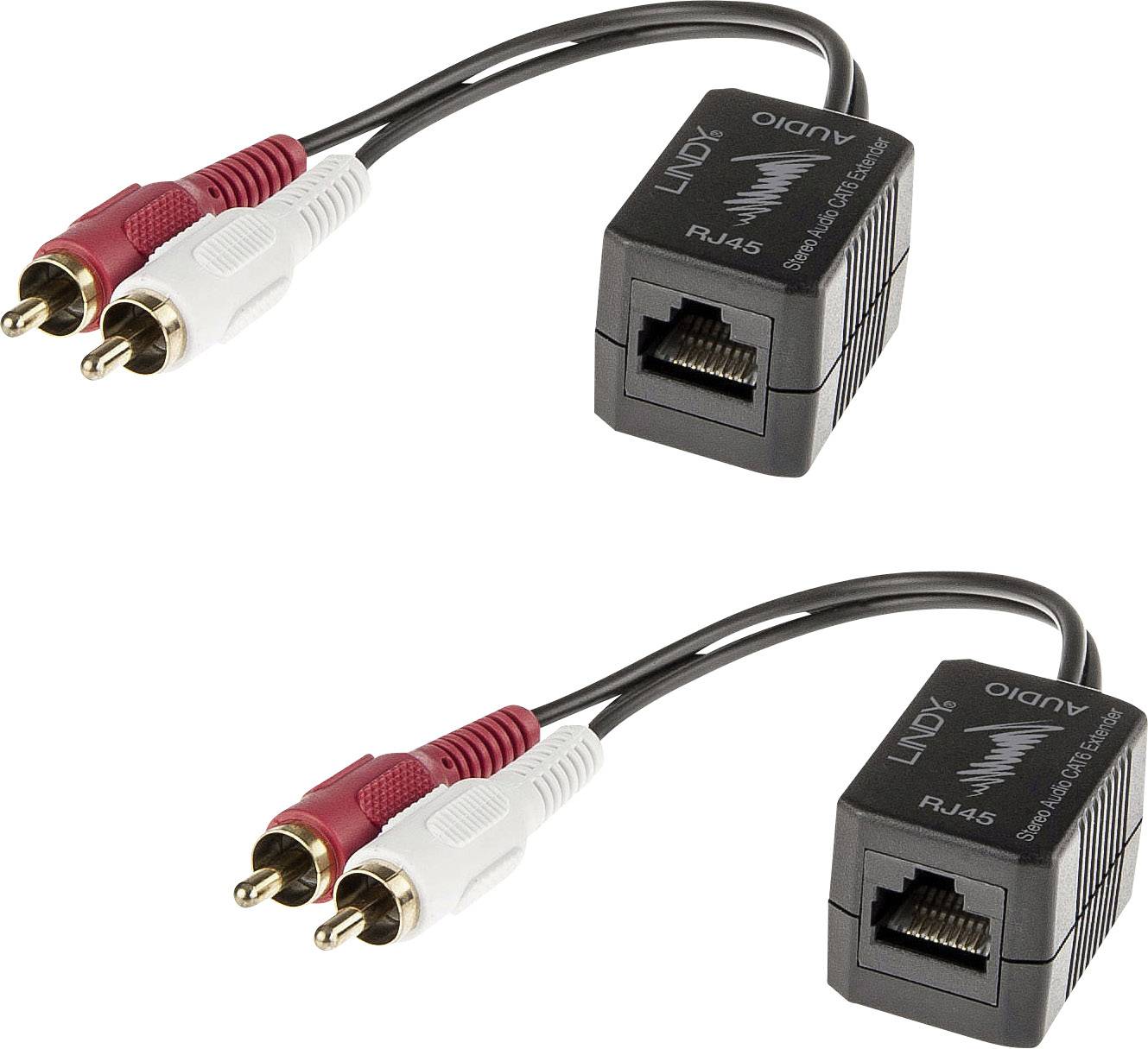 Deux adaptateurs audio RJ45 noirs avec des fiches RCA blanches et rouges, adaptés pour connecter des appareils audio via des câbles réseau.