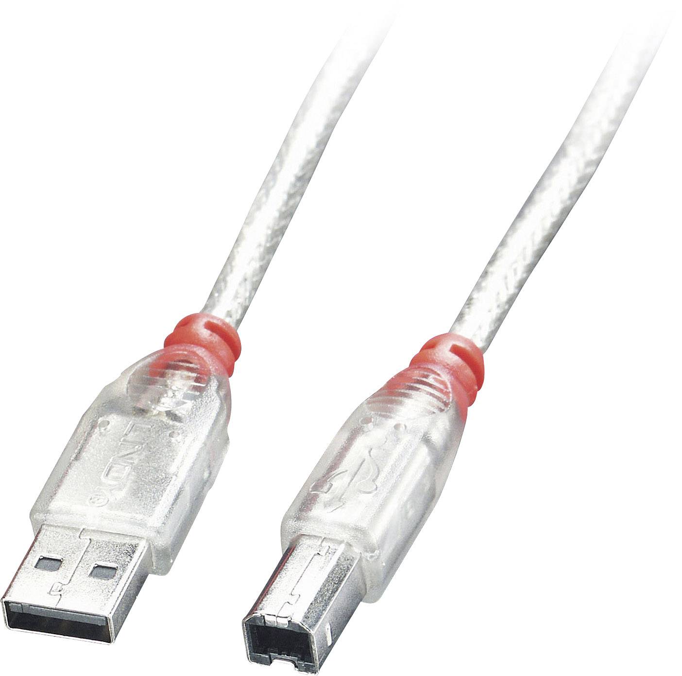Un câble USB-A vers USB-B transparent avec des embouts de connecteur rouges, typiquement utilisé pour connecter des imprimantes aux ordinateurs.