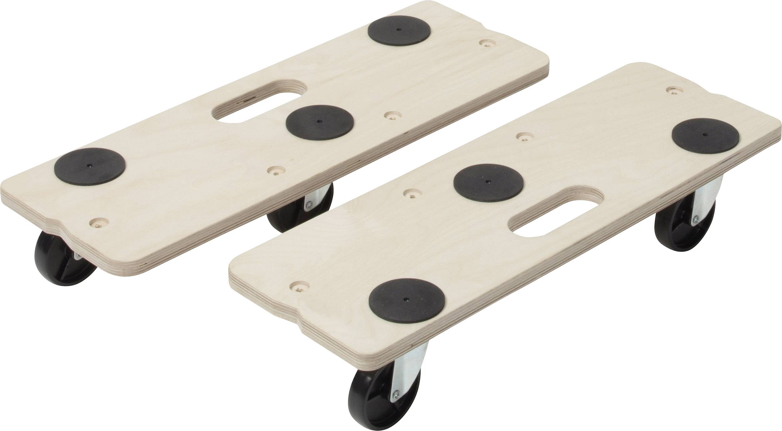 Deux chariots de transport en bois avec poignée et quatre roulettes noires. Idéaux pour déplacer des objets lourds sur une surface plane.