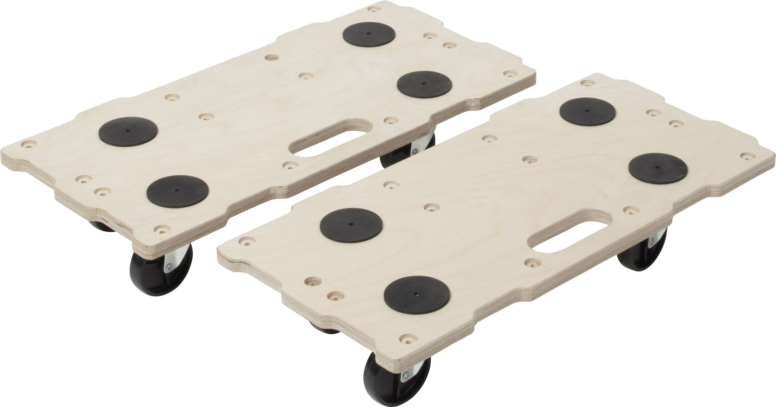 Deux planches en bois montées sur roulettes, équipées de poignées et de tampons de caoutchouc noir, conçues pour faciliter le transport d'objets lourds.