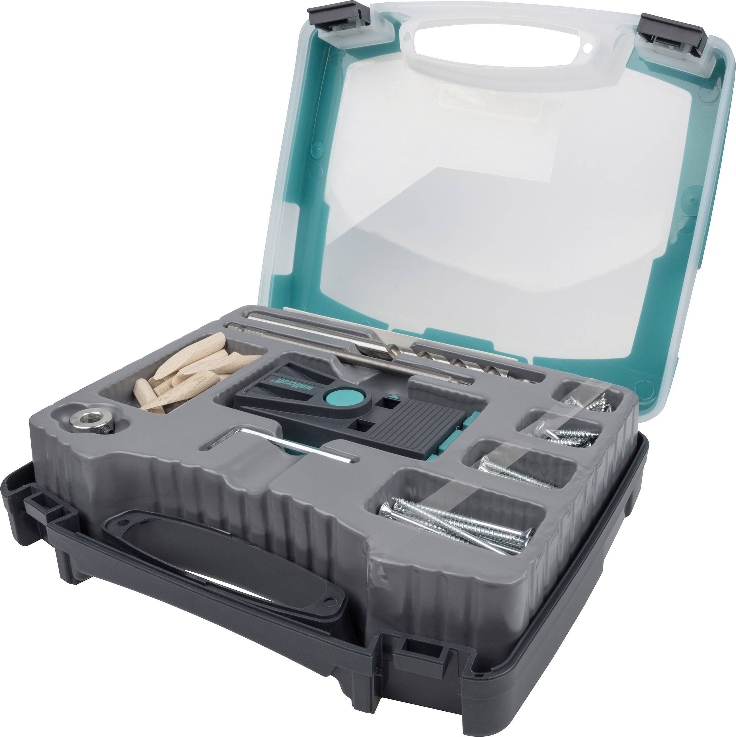 Ensemble d'outils dans un coffret en plastique ouvert, comprenant des vis, des chevilles et des supports, destiné au montage ou à la réparation de meubles.