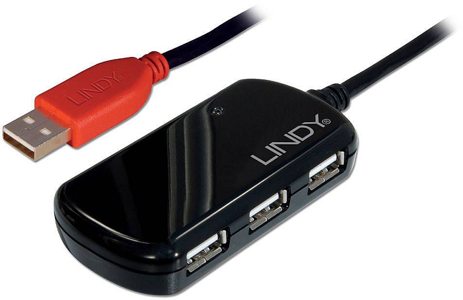 Hub USB noir à quatre ports, connecté par un câble USB rouge. Marquage 'LINDY' sur le hub et le câble.