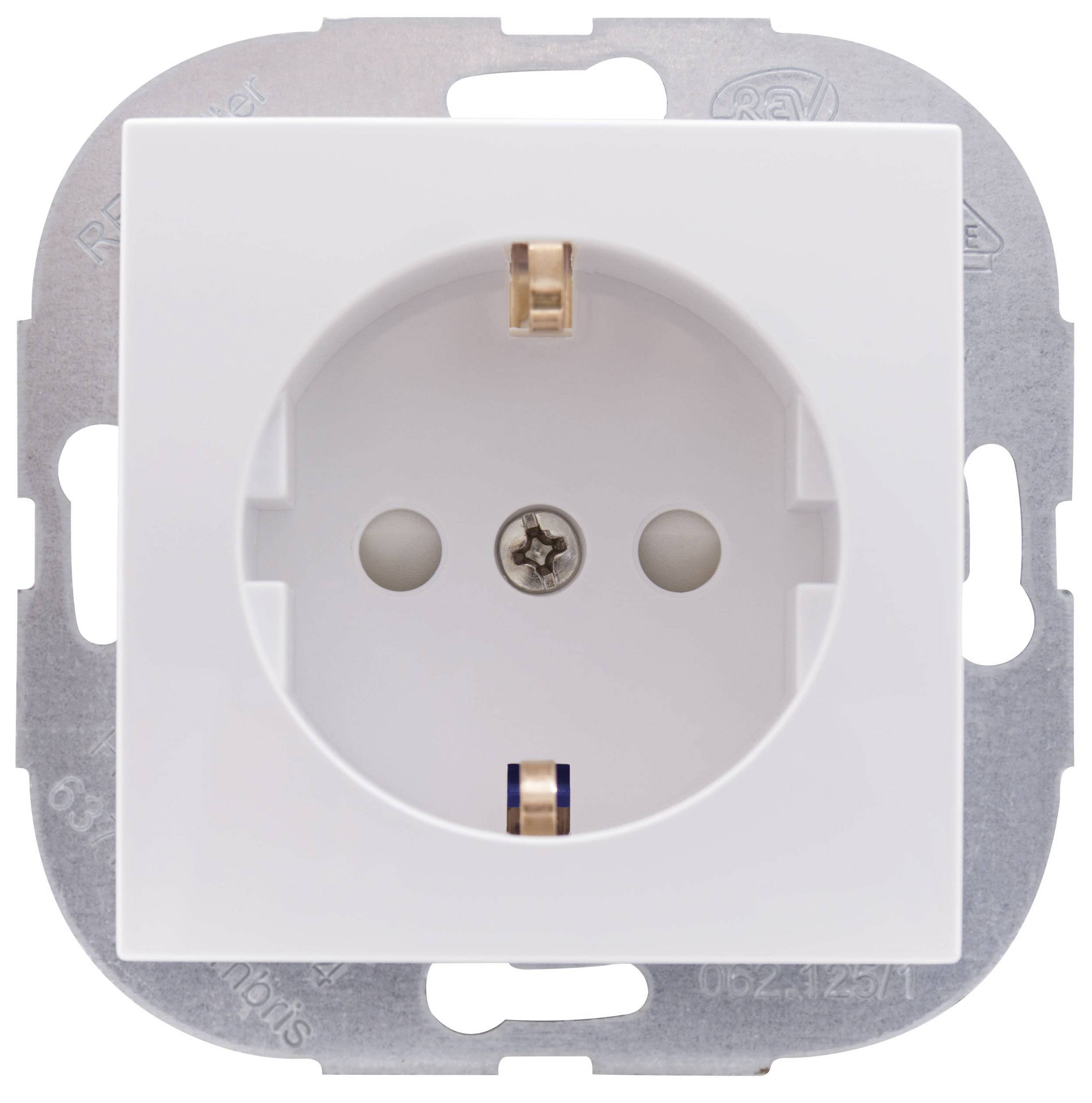 Prise électrique blanche à deux trous pour l'alimentation électrique, encastrée dans un support métallique.