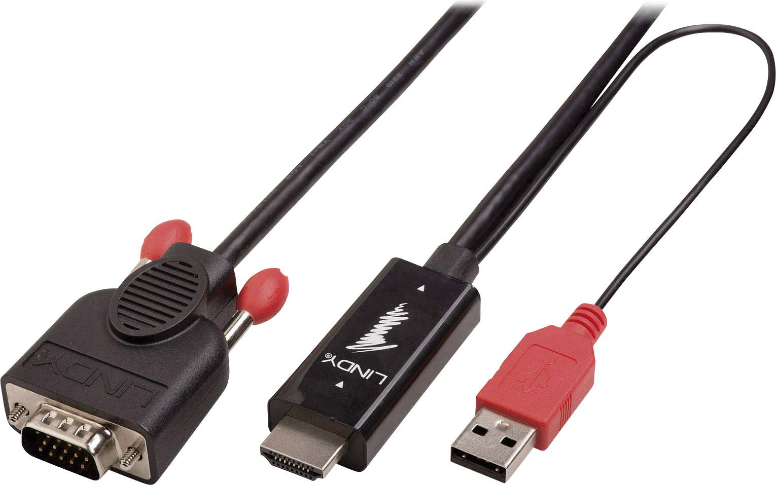 Trois câbles : VGA (noir), HDMI (noir) et USB (rouge) avec logo Linoya sur le connecteur HDMI. Accessoires de connexion pour ordinateur.
