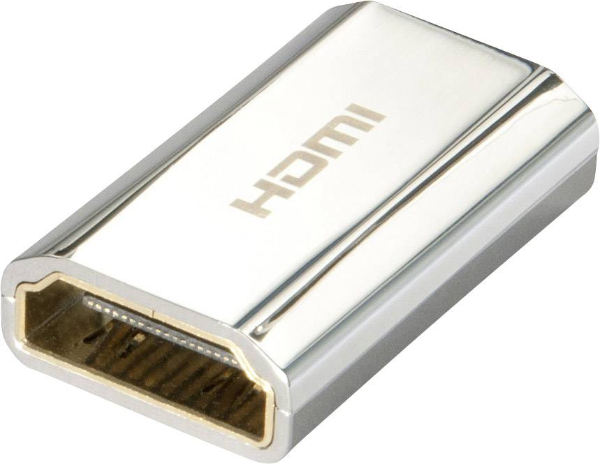 Un adaptateur HDMI argenté portant l'inscription 'HDMI'. Connecte des appareils avec des ports HDMI, permet la transmission numérique audio et vidéo.