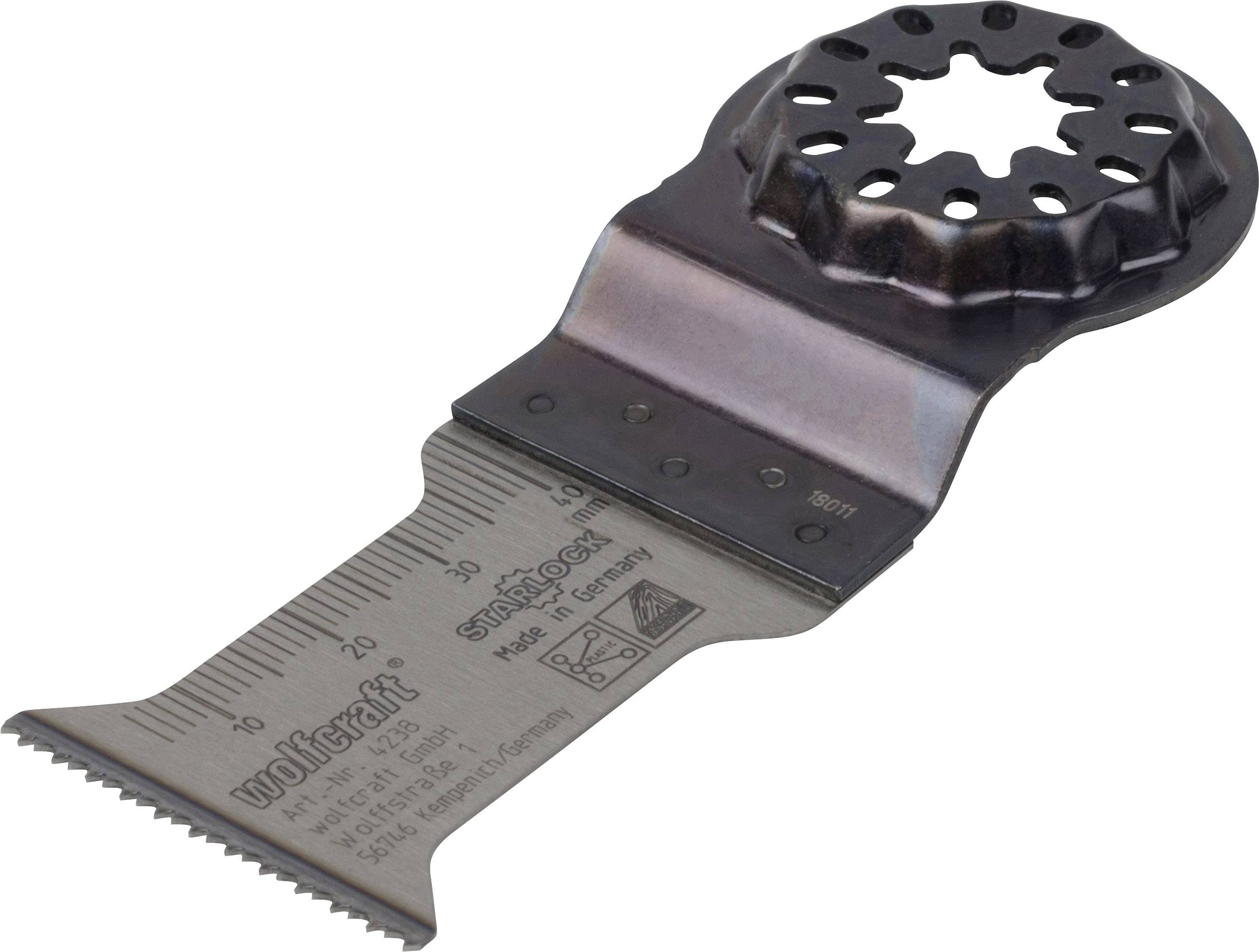Lame de scie multifonction avec échelle en centimètres, support en étoile et denture fine, adaptée pour une coupe précise.