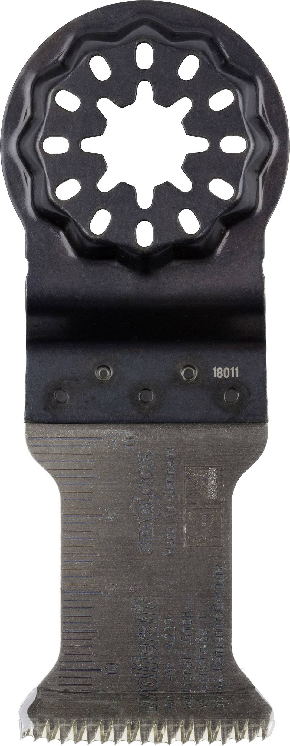 Lame de scie oscillante à denture latérale, adaptée pour des coupes précises dans le bois et le métal.