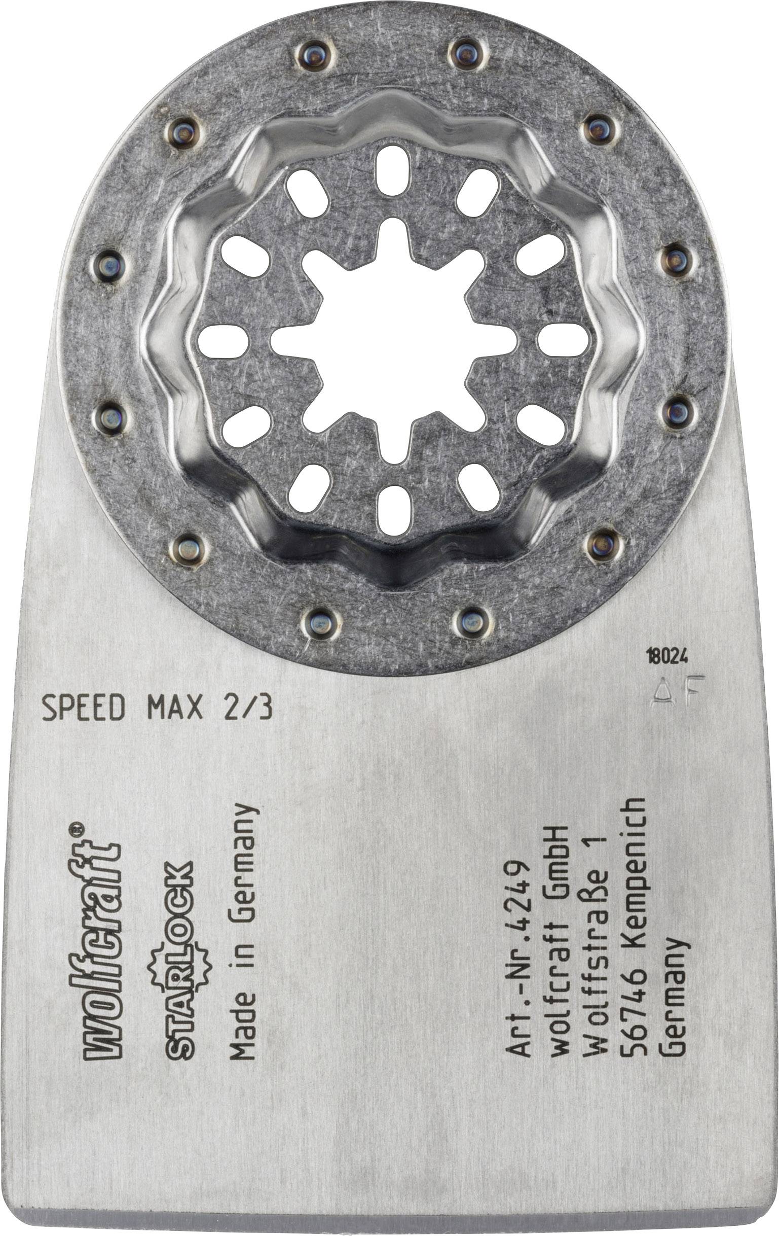 Lame de scie multifonction en métal, couleur argent, portant l'inscription 'wolfcraft speedmax', fabriquée en Allemagne.