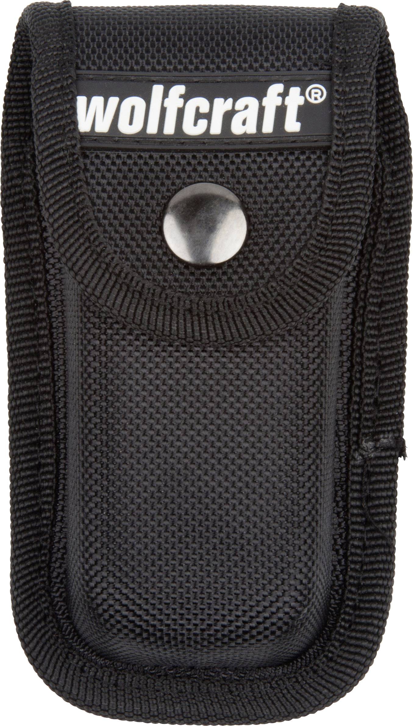 Sac à outils noir avec fermeture à pression et logo 'wolfcraft' en haut. Le sac est fabriqué en matériau structuré.