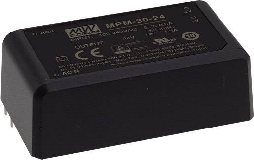 Module d'alimentation noir 'MPM-30-24' de Mean Well, entrée 100-240VAC, sortie 24V, certifications CE et UL visibles.