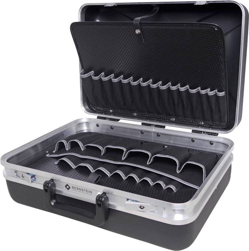 Mallette à outils ouverte avec plusieurs compartiments et poches pour le rangement des outils, boîtier noir avec un cadre argenté.