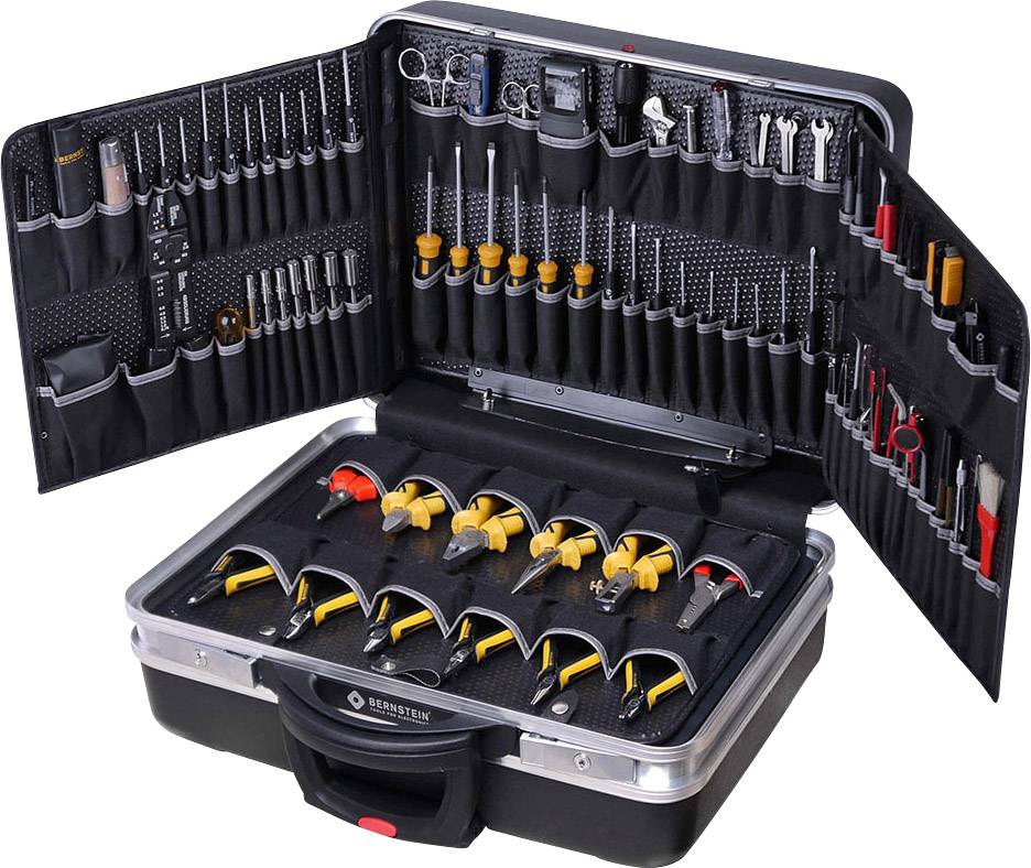Boîte à outils avec couvercle ouvert : Divers tournevis, pinces et outils soigneusement rangés dans des pochettes et des sangles.
