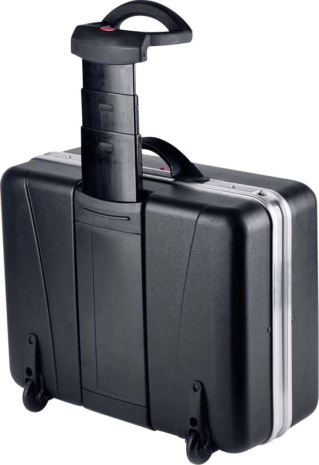 Valise de voyage noire avec poignée télescopique et deux roues ; adaptée aux voyages d'affaires et comme bagage à main en avion.