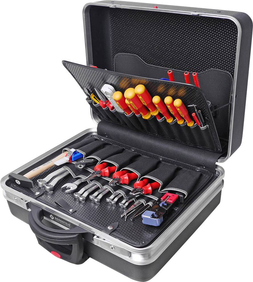 Une boîte à outils ouverte contenant divers outils manuels tels que des tournevis, un marteau et des pinces, soigneusement rangés.