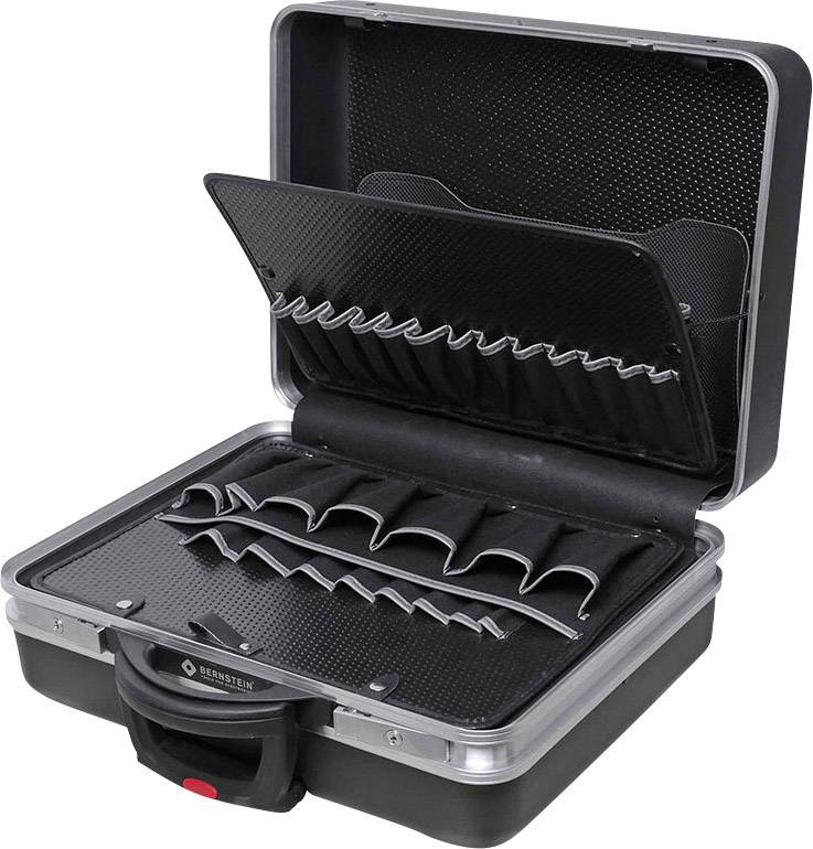 Boîte à outils ouverte avec des compartiments pour organiser les outils. Contient plusieurs supports ondulés pour le rangement.