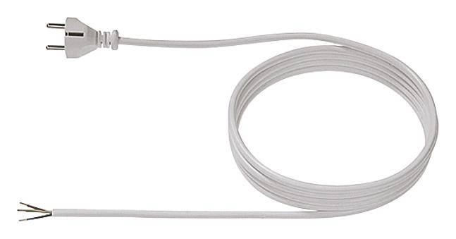 Un câble électrique blanc avec une fiche bipolaire d'un côté et des extrémités de fils dénudées de l'autre côté.